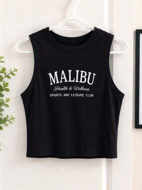 Bluenotes Malibu Graphic Crop Tank Top Black Women’s Size Large